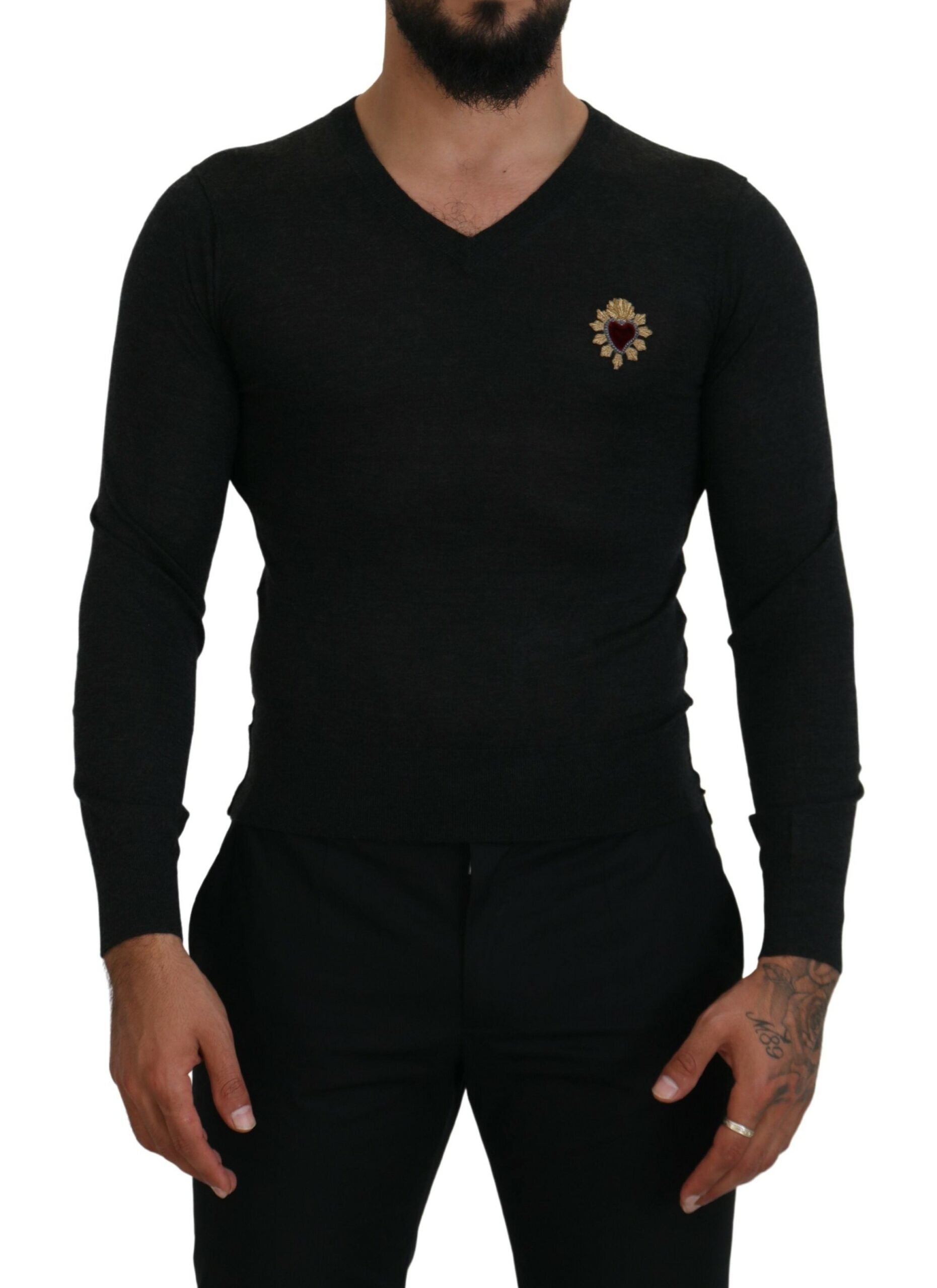 Dolce & Gabbana Gray Cashmere V-neck Gold Heart Sweater by Dolce & Gabbana