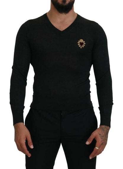 Dolce & Gabbana Gray Cashmere V-neck Gold Heart Sweater by Dolce & Gabbana