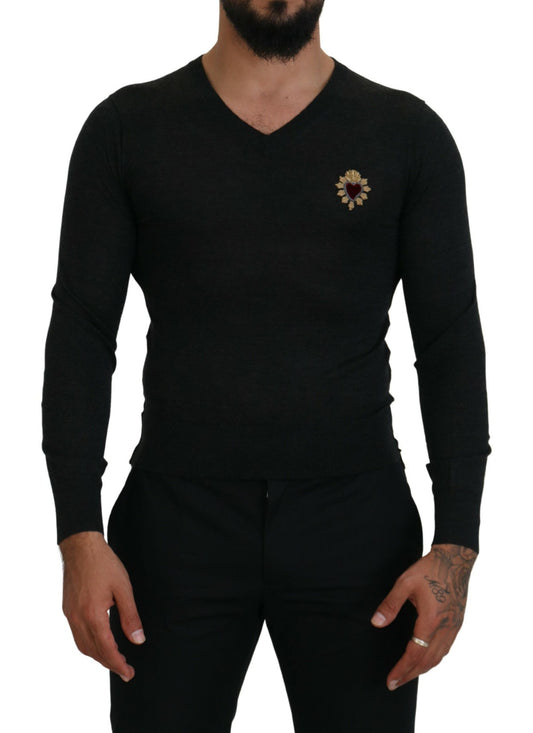 Dolce & Gabbana Gray Cashmere V-neck Gold Heart Sweater by Dolce & Gabbana