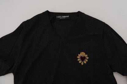 Dolce & Gabbana Gray Cashmere V-neck Gold Heart Sweater by Dolce & Gabbana