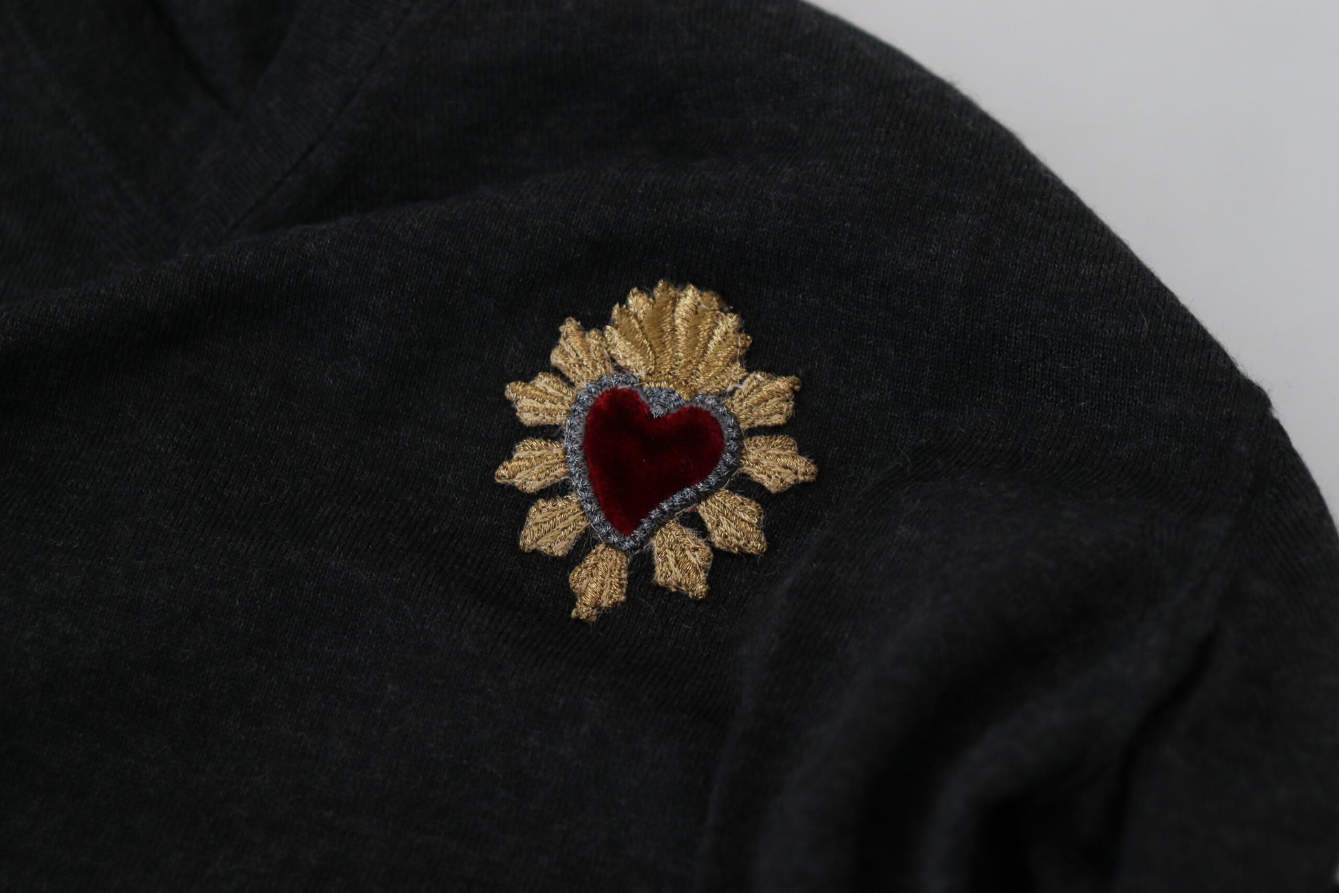 Dolce & Gabbana Gray Cashmere V-neck Gold Heart Sweater by Dolce & Gabbana