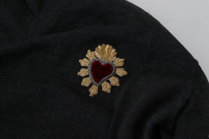 Dolce & Gabbana Gray Cashmere V-neck Gold Heart Sweater by Dolce & Gabbana
