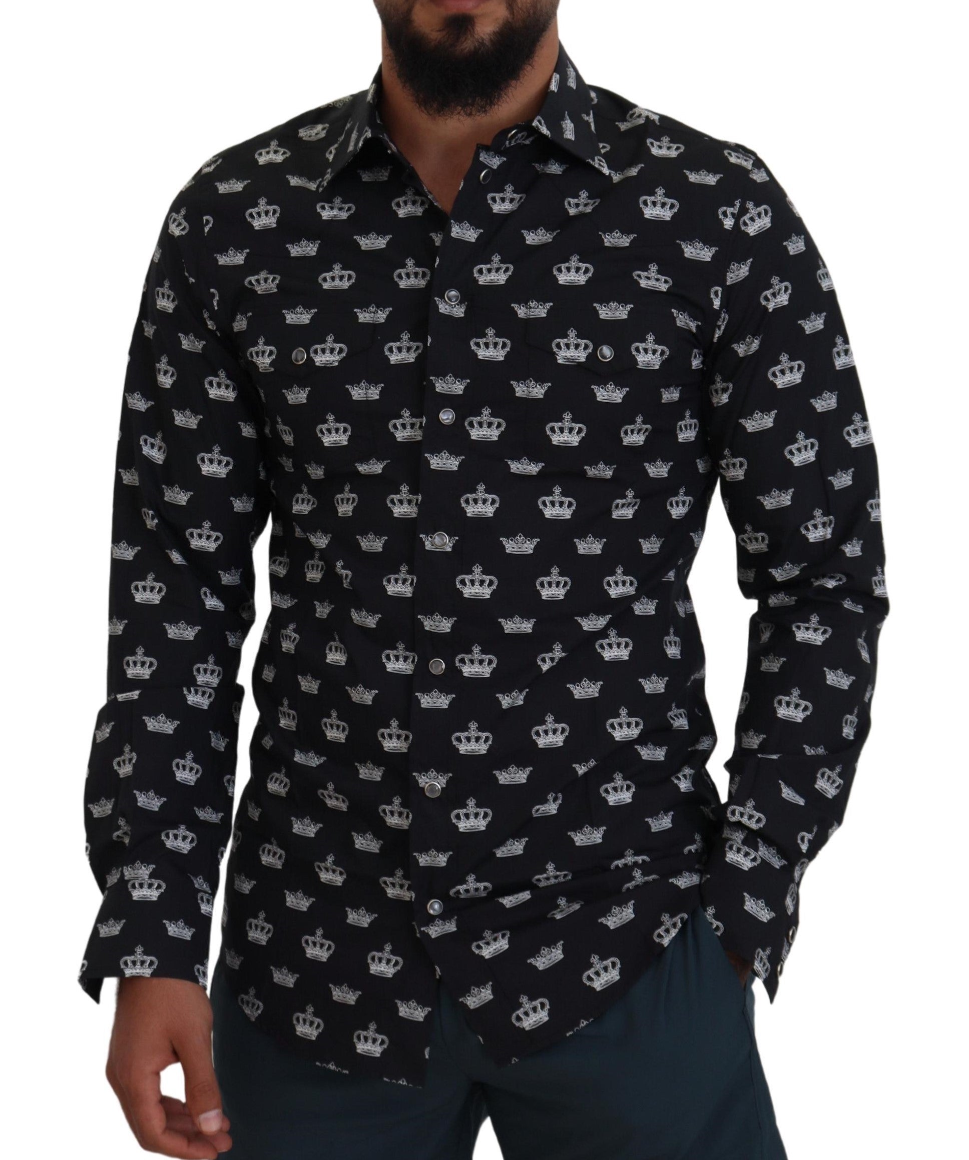 Dolce & Gabbana Black Crown Print GOLD Slim Shirt by Dolce & Gabbana