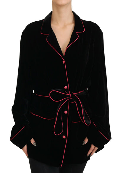 Veste élégante en soie mélangée noire Dolce &amp; Gabbana avec ceinture à la taille