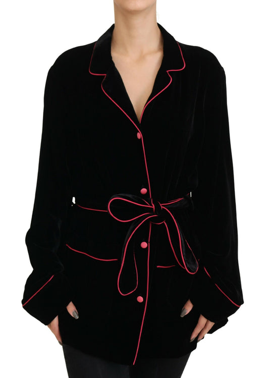 Veste élégante en soie mélangée noire Dolce &amp; Gabbana avec ceinture à la taille