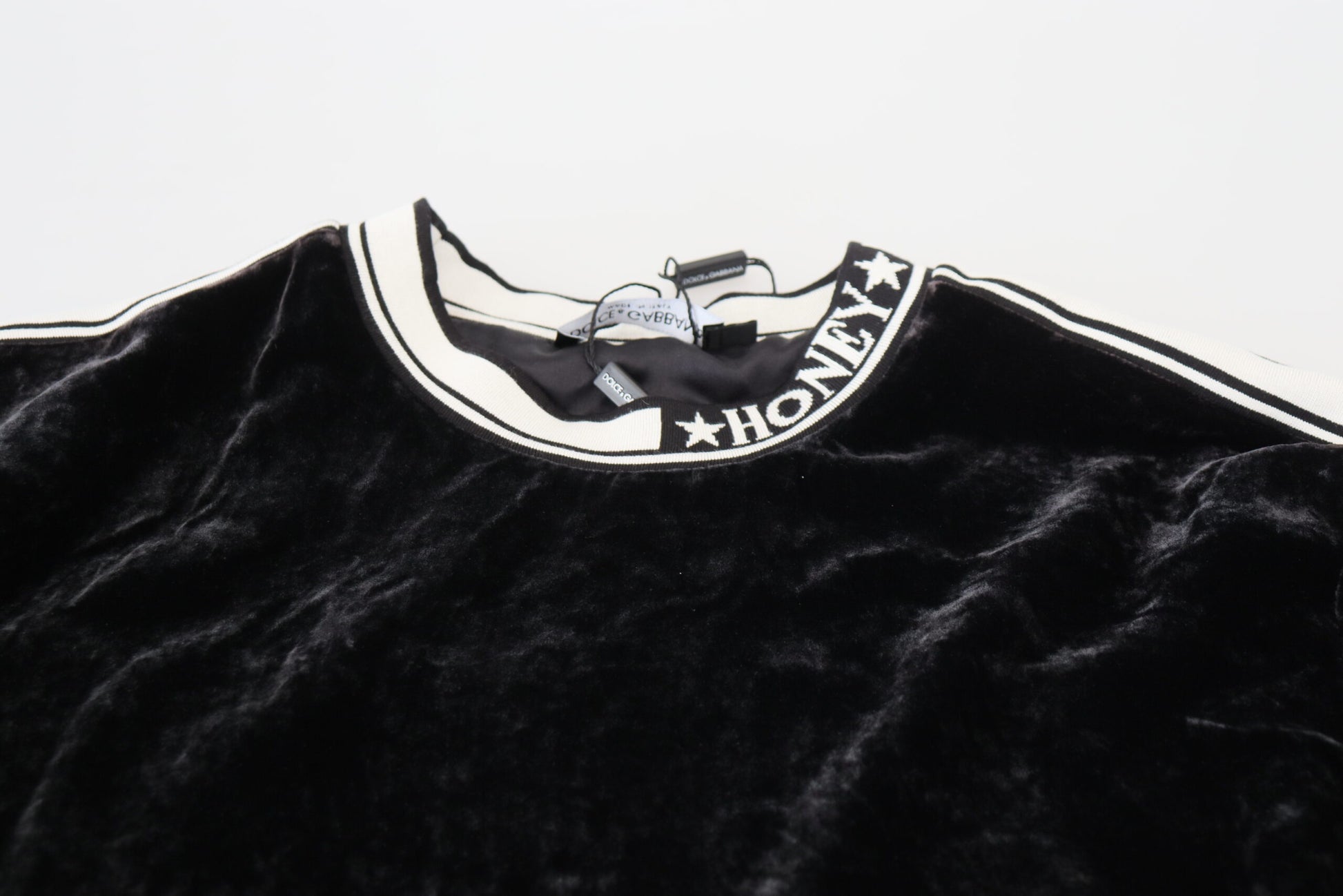 Dolce & Gabbana Black Velvet Crewneck Pullover Sweater by Dolce & Gabbana