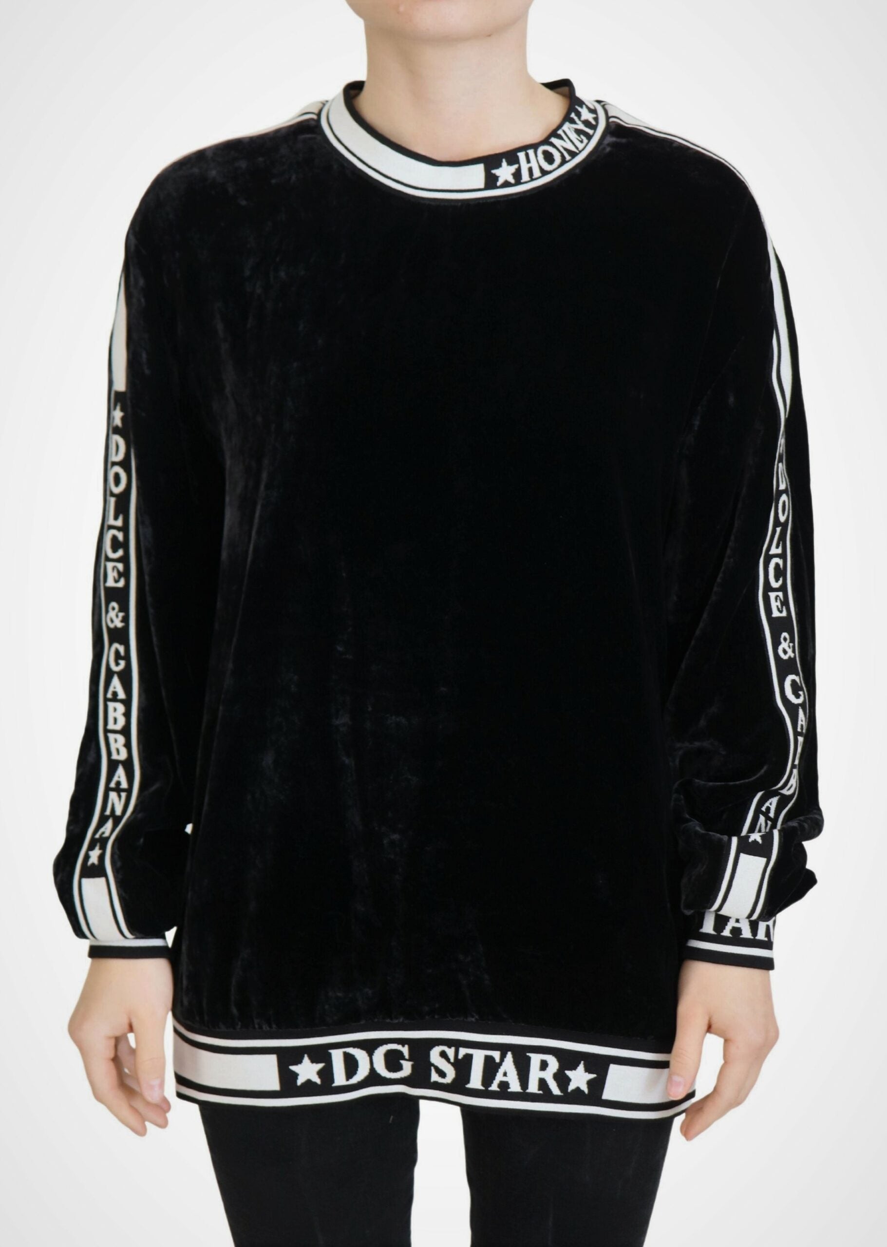 Dolce & Gabbana Black Velvet Crewneck Pullover Sweater by Dolce & Gabbana