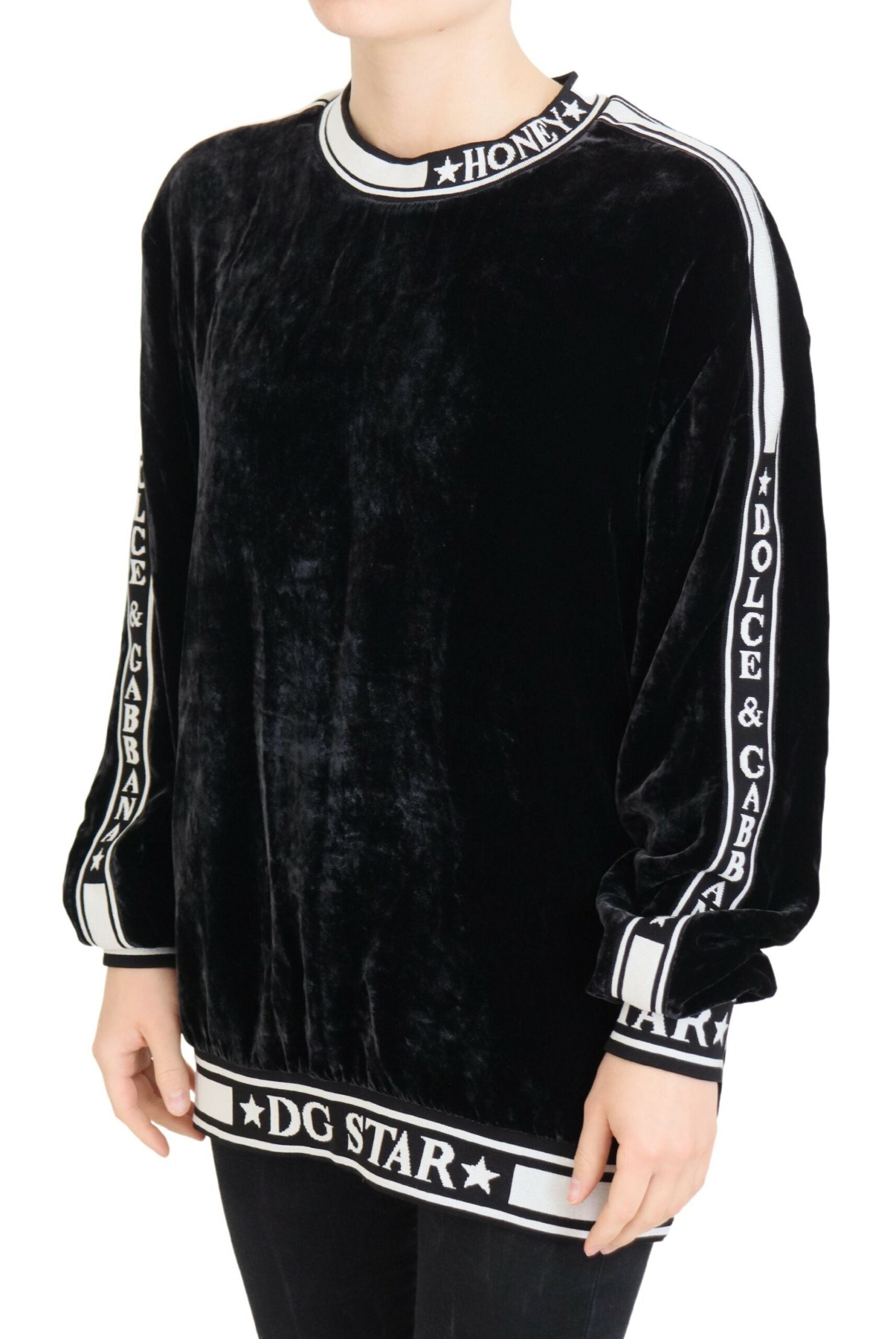 Dolce & Gabbana Black Velvet Crewneck Pullover Sweater by Dolce & Gabbana