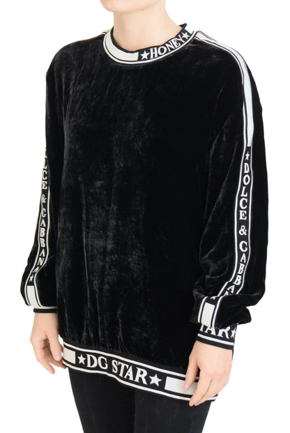 Dolce & Gabbana Black Velvet Crewneck Pullover Sweater by Dolce & Gabbana