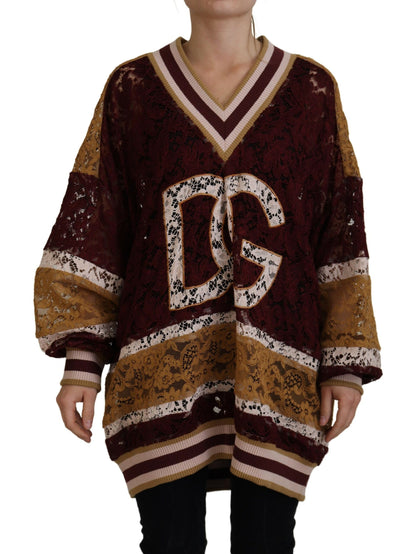 Dolce & Gabbana Multicolor Lace V-neck Pullover Sweater by Dolce & Gabbana