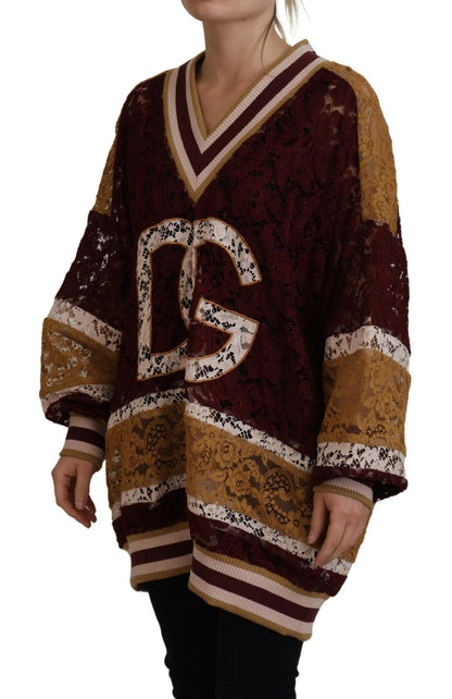 Dolce & Gabbana Multicolor Lace V-neck Pullover Sweater by Dolce & Gabbana