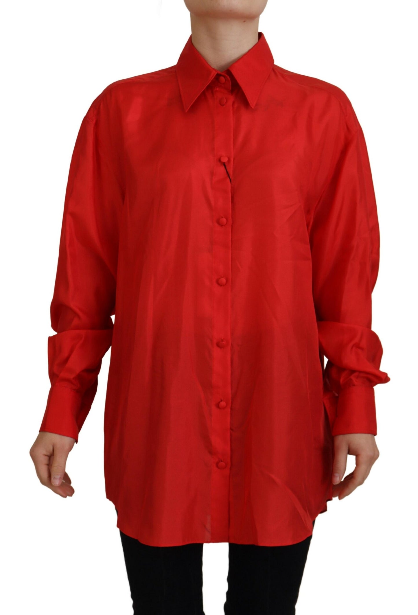 Dolce &amp; Gabbana Red Silk Collared Long Sleeves Dress Shirt Top