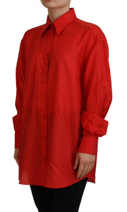 Dolce &amp; Gabbana Red Silk Collared Long Sleeves Dress Shirt Top