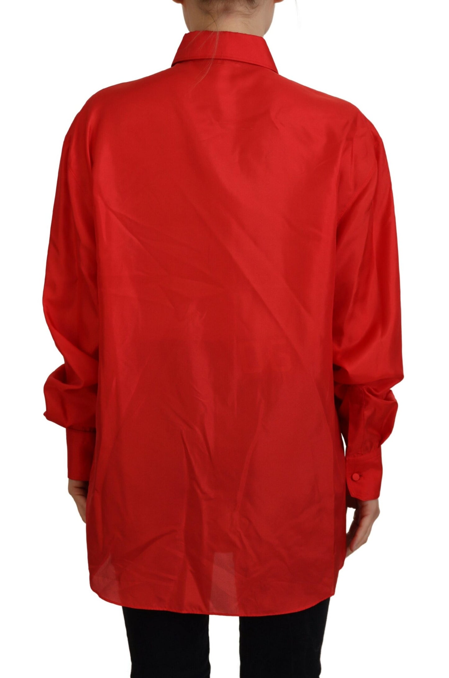 Dolce &amp; Gabbana Red Silk Collared Long Sleeves Dress Shirt Top