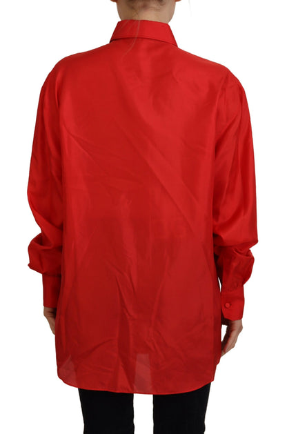 Dolce &amp; Gabbana Red Silk Collared Long Sleeves Dress Shirt Top