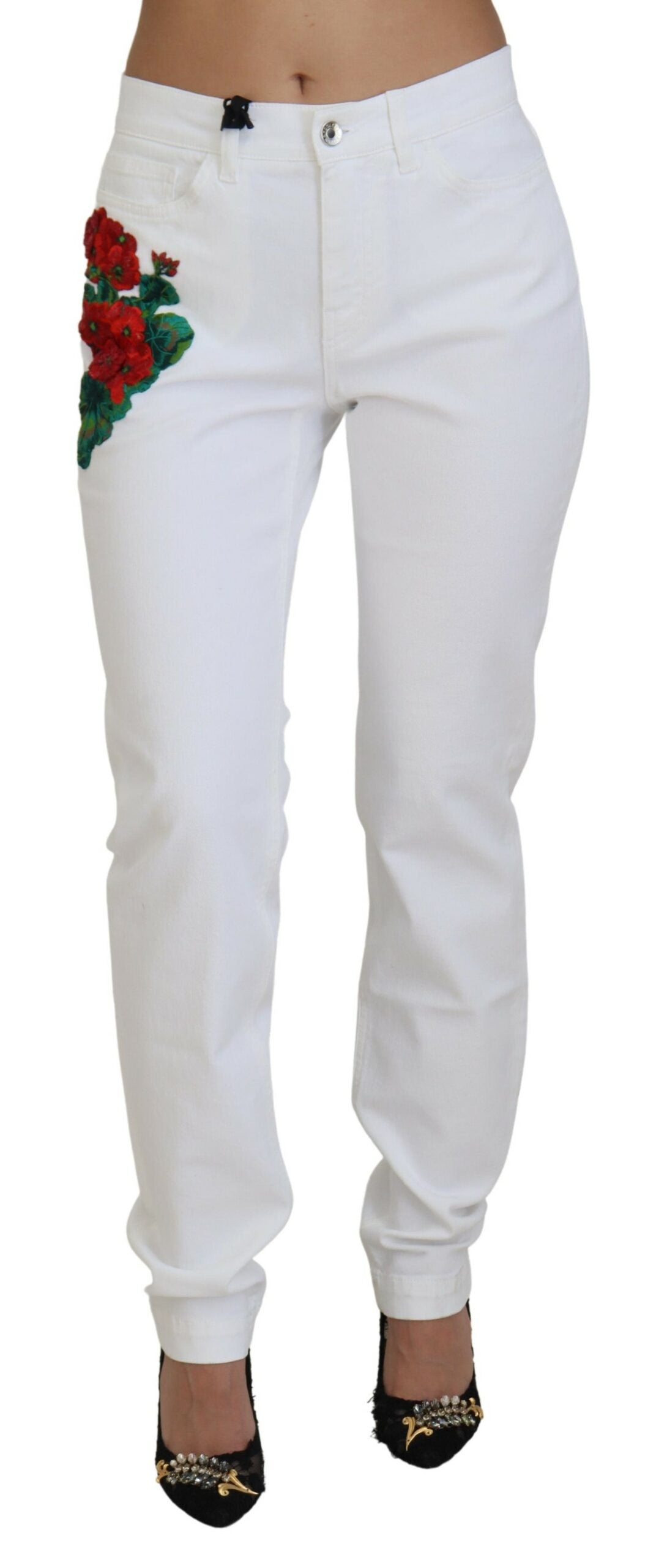 Dolce & Gabbana White Floral Embroidery Skinny Denim Jeans by Dolce & Gabbana