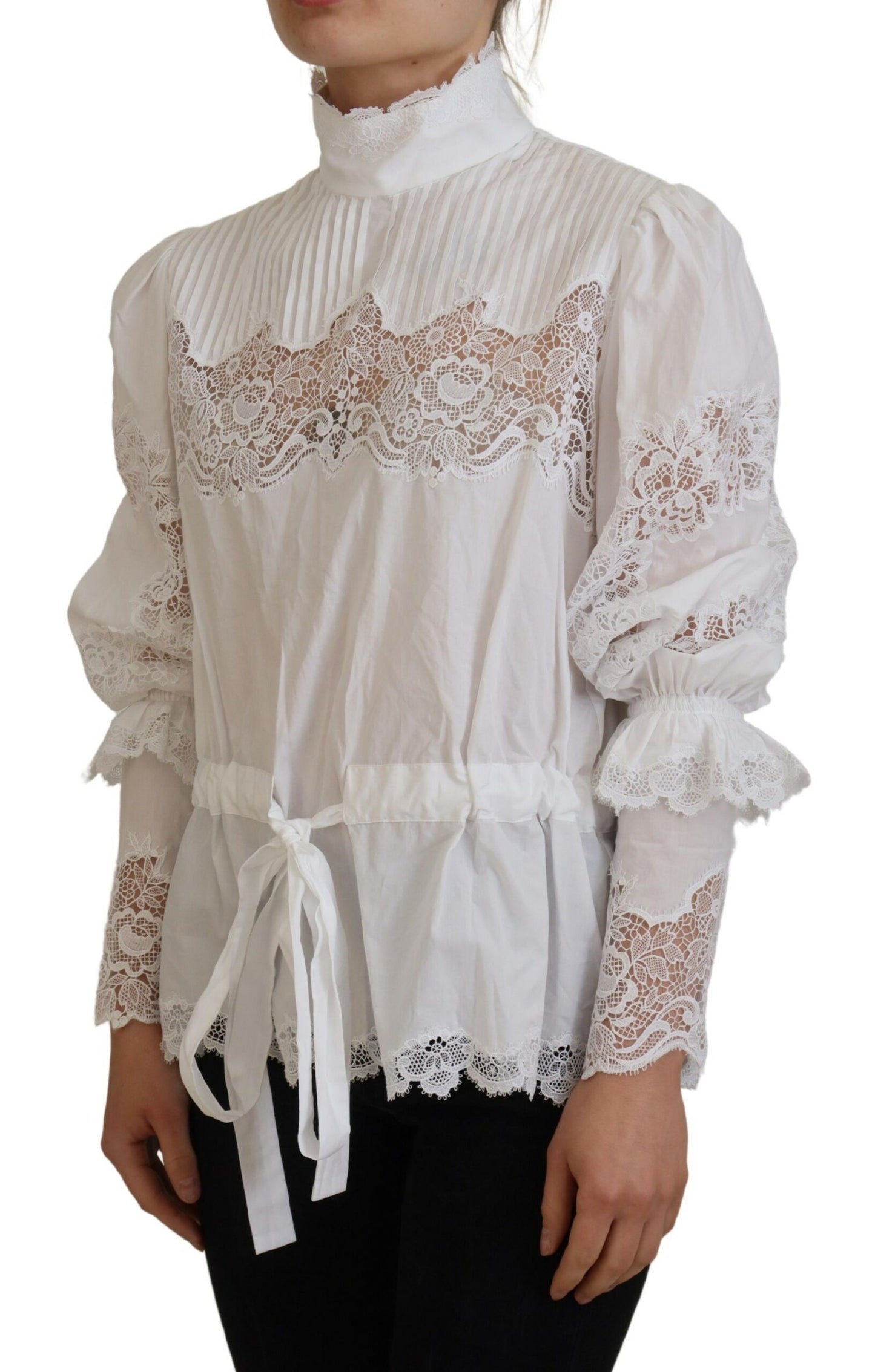 Chemisier élégant en coton à bordure en dentelle blanche Dolce &amp; Gabbana