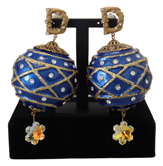 Dolce &amp; Gabbana Gold Brass Blue Dangle Ball Crystal Clip On Earrings