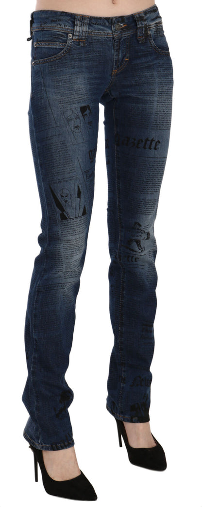 John Galliano Blue Newspaper Print Low Waist Skinny Denim Pants by John Galliano