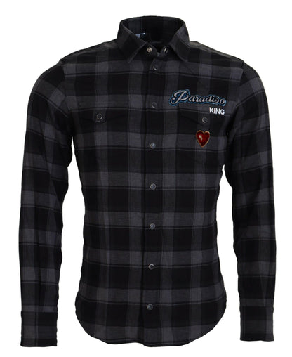 Dolce & Gabbana Black Gray Check Men Long Sleeves Shirt by Dolce & Gabbana