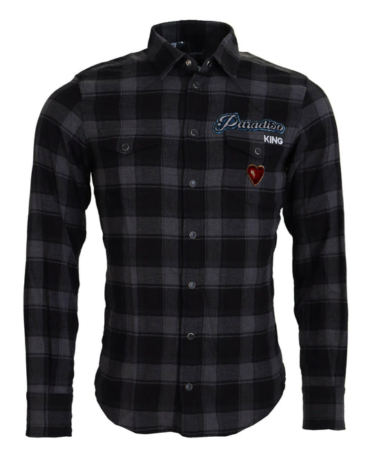 Dolce & Gabbana Black Gray Check Men Long Sleeves Shirt by Dolce & Gabbana