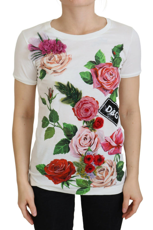 T-shirt élégant en coton à imprimé roses multicolores Dolce &amp; Gabbana