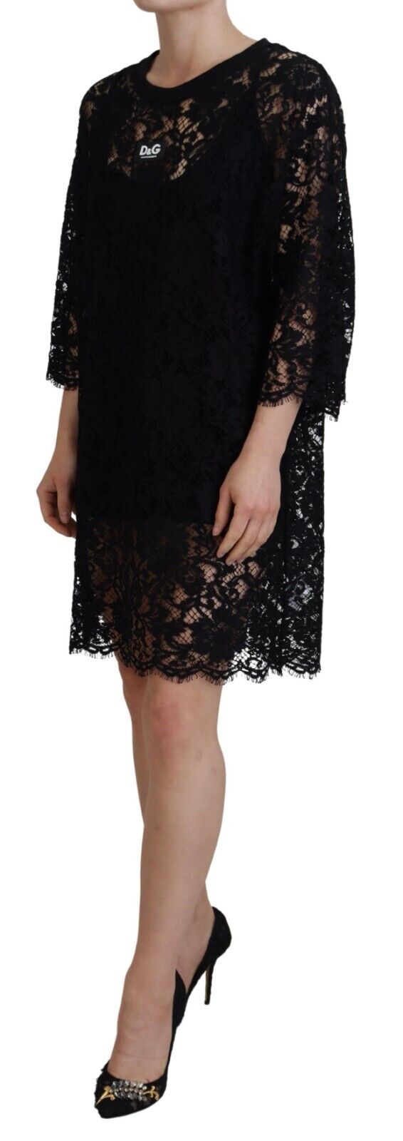 Dolce & Gabbana Black Floral Lace Cotton Shift Mini Dress by Dolce & Gabbana
