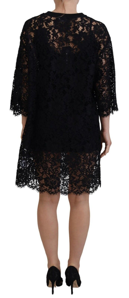 Dolce & Gabbana Black Floral Lace Cotton Shift Mini Dress by Dolce & Gabbana