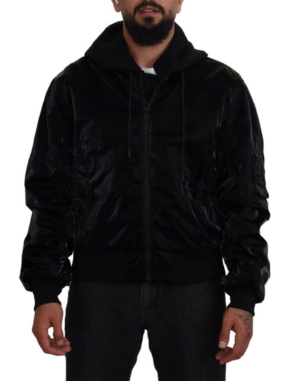 Dolce &amp; Gabbana Élégant blouson aviateur noir à capuche
