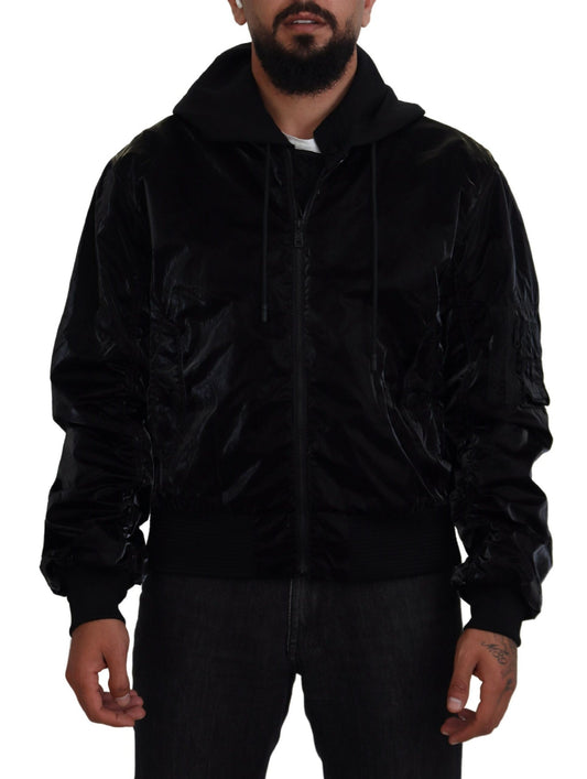 Dolce &amp; Gabbana Élégant blouson aviateur noir à capuche