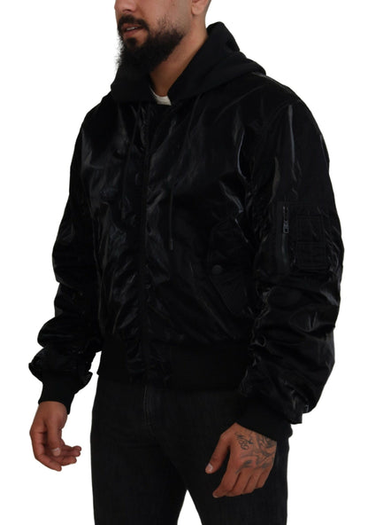 Dolce &amp; Gabbana Élégant blouson aviateur noir à capuche