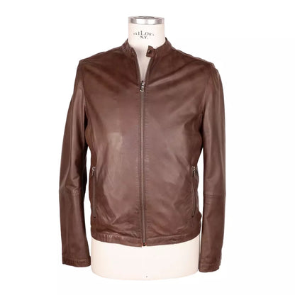 Veste élégante en cuir marron avec col à pression Emilio Romanelli