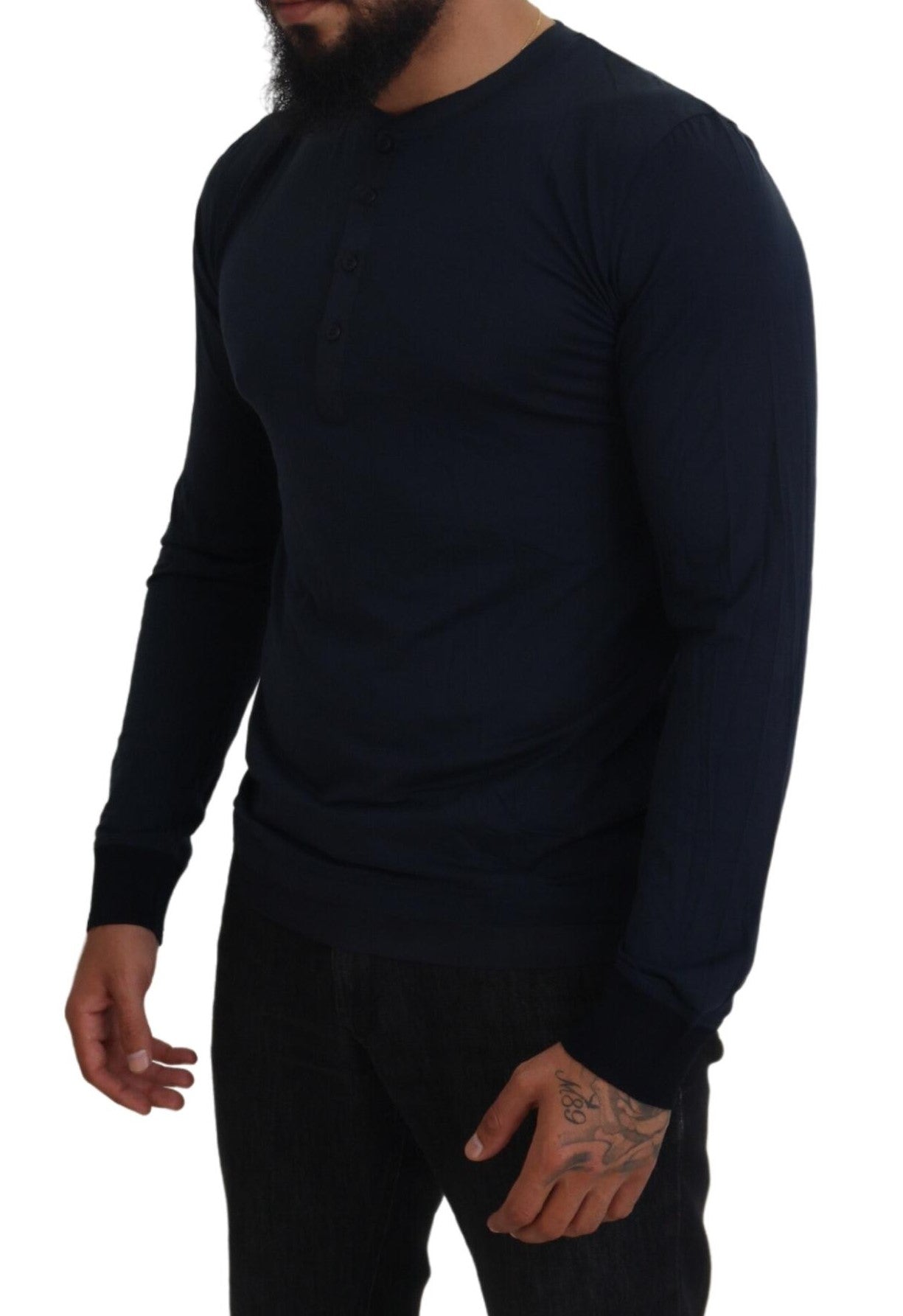 Dolce & Gabbana Blue Cotton Button Crewneck Pullover Sweater by Dolce & Gabbana