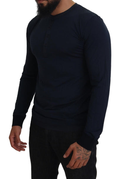 Dolce & Gabbana Blue Cotton Button Crewneck Pullover Sweater by Dolce & Gabbana