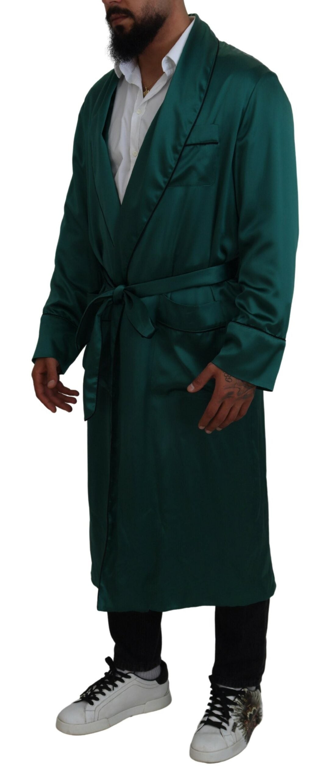 Dolce &amp; Gabbana Green Silk Waist Belt Robe Sleepwear