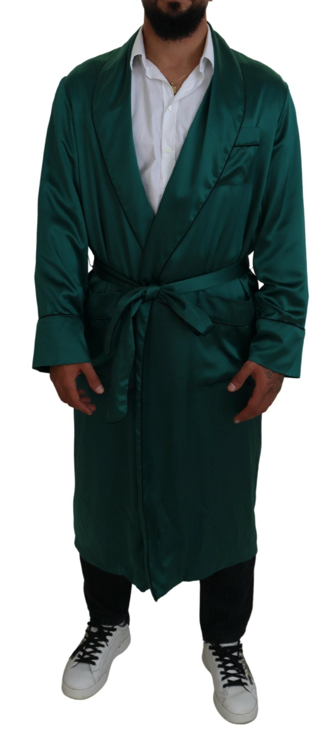 Dolce &amp; Gabbana Green Silk Waist Belt Robe Sleepwear