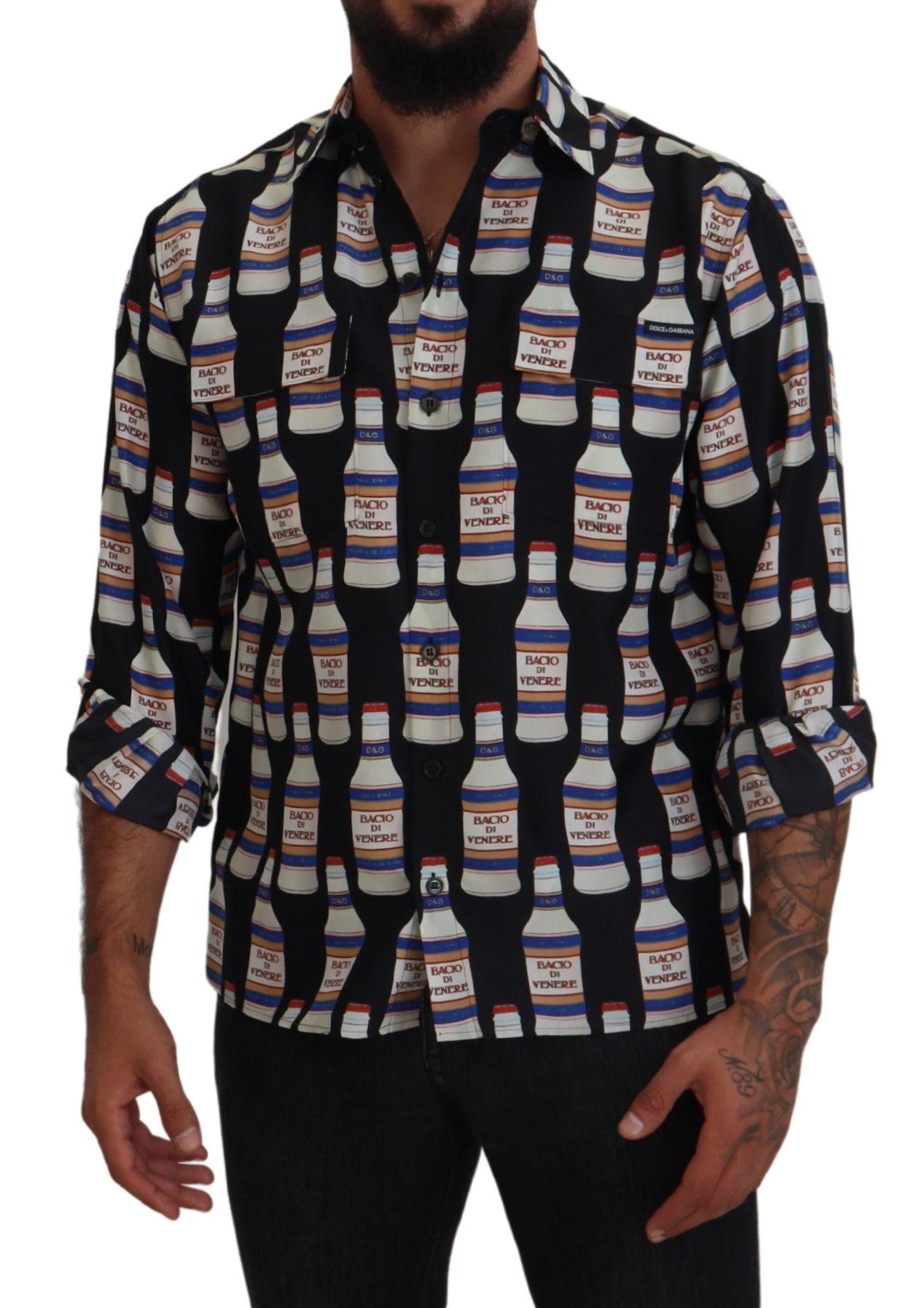 Dolce & Gabbana Black Silk Printed Collared Men Casual Shirt by Dolce & Gabbana