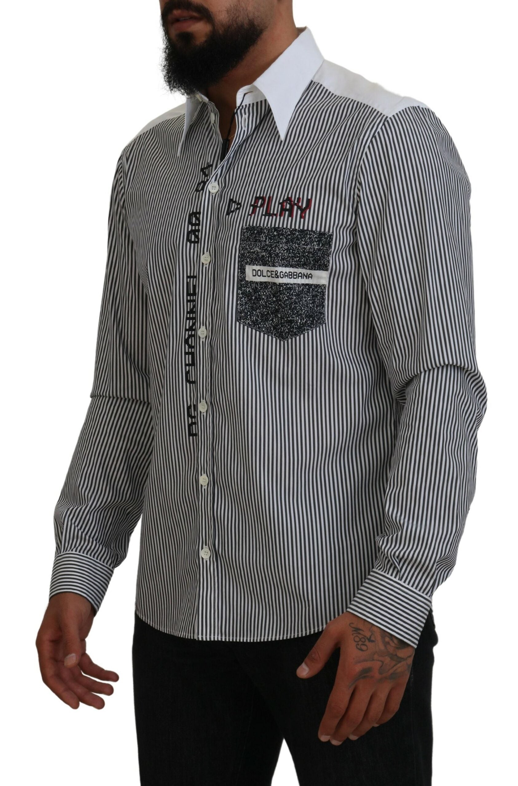 Dolce & Gabbana Black White Striped Printed Casual Cotton Shirt by Dolce & Gabbana