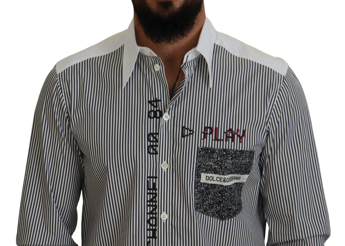 Dolce & Gabbana Black White Striped Printed Casual Cotton Shirt by Dolce & Gabbana