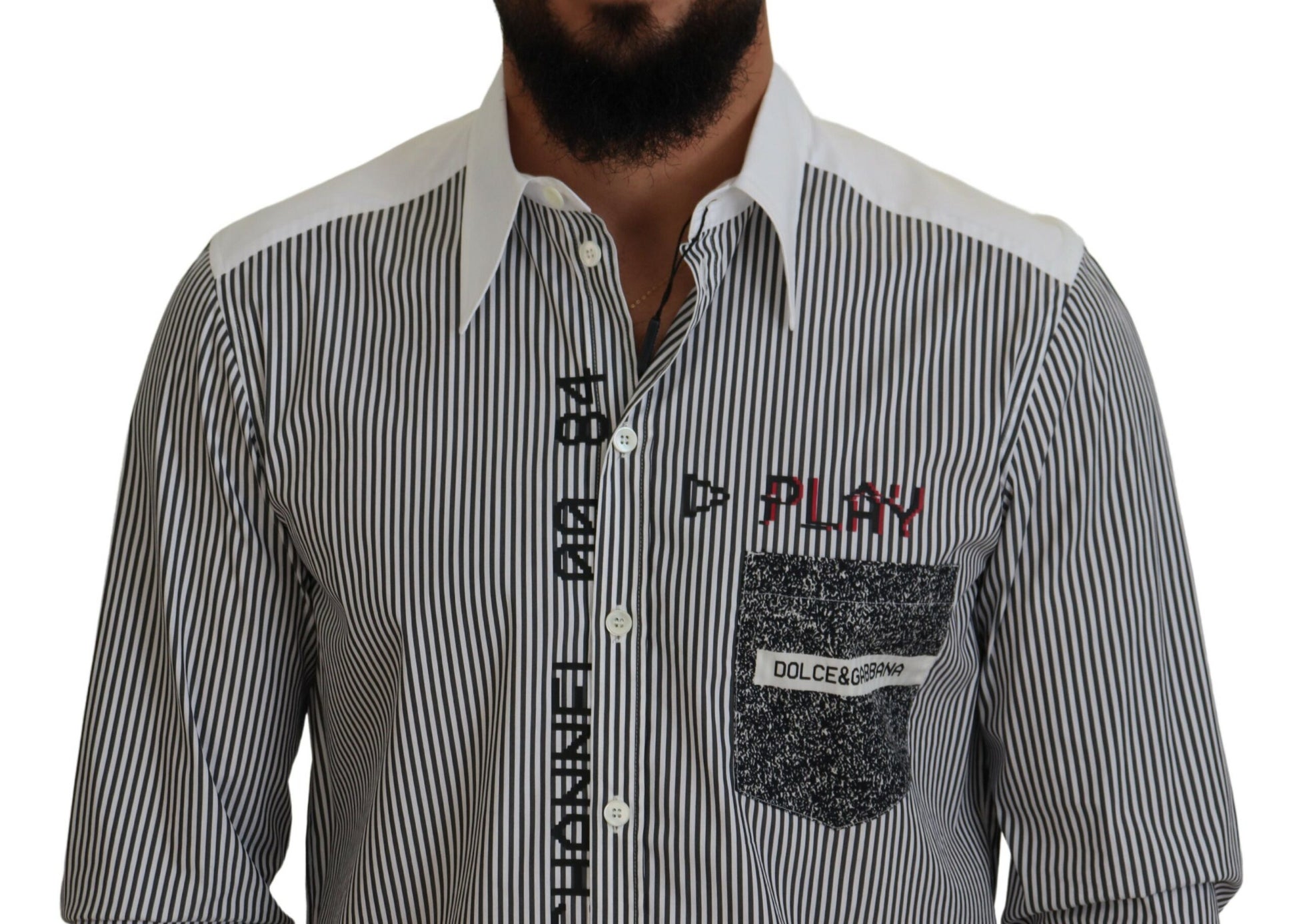 Dolce & Gabbana Black White Striped Printed Casual Cotton Shirt by Dolce & Gabbana
