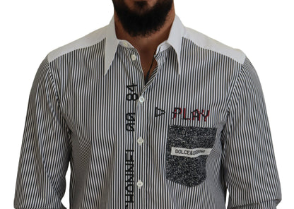 Dolce & Gabbana Black White Striped Printed Casual Cotton Shirt by Dolce & Gabbana