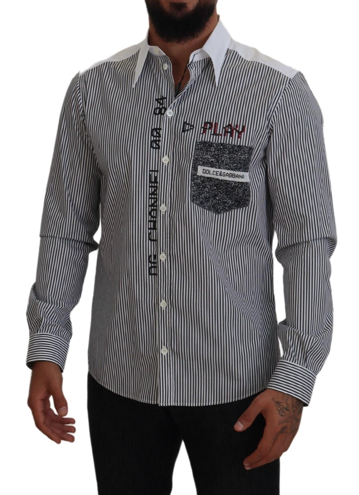 Dolce & Gabbana Black White Striped Printed Casual Cotton Shirt by Dolce & Gabbana