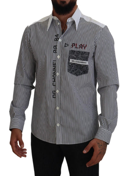 Dolce & Gabbana Black White Striped Printed Casual Cotton Shirt by Dolce & Gabbana