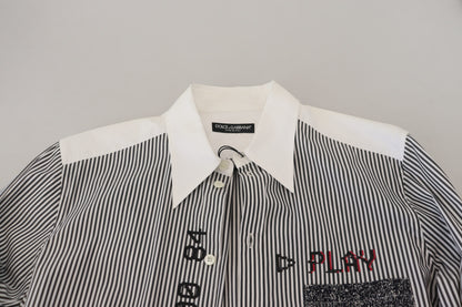 Dolce & Gabbana Black White Striped Printed Casual Cotton Shirt by Dolce & Gabbana