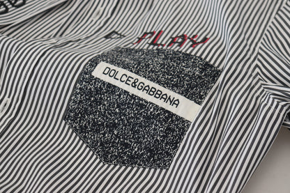 Dolce & Gabbana Black White Striped Printed Casual Cotton Shirt by Dolce & Gabbana