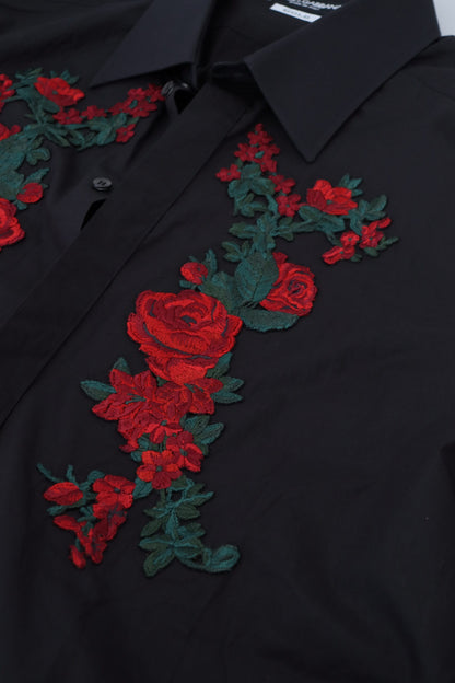 Dolce & Gabbana Black Floral Embroidery Men Long Sleeves GOLD Shirt by Dolce & Gabbana