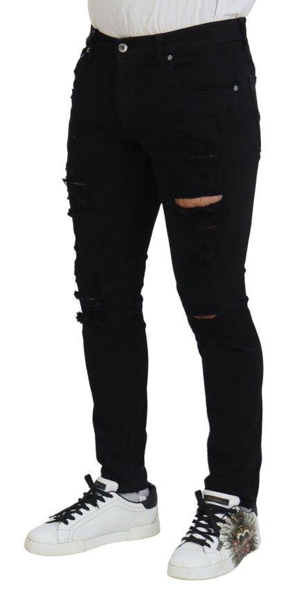 Dolce & Gabbana Black Slim Fit Tattered Denim Cotton Jeans by Dolce & Gabbana