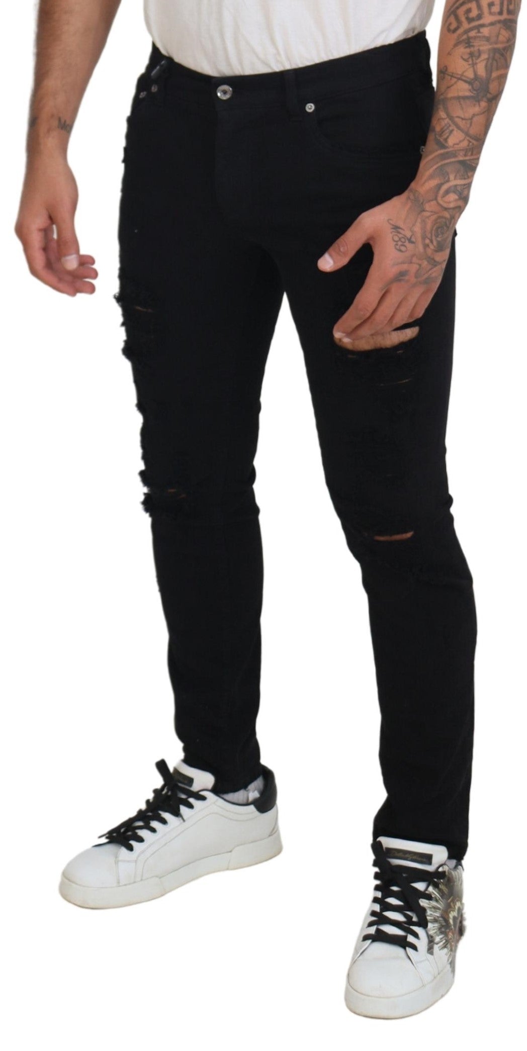 Dolce & Gabbana Black Slim Fit Tattered Denim Cotton Jeans by Dolce & Gabbana