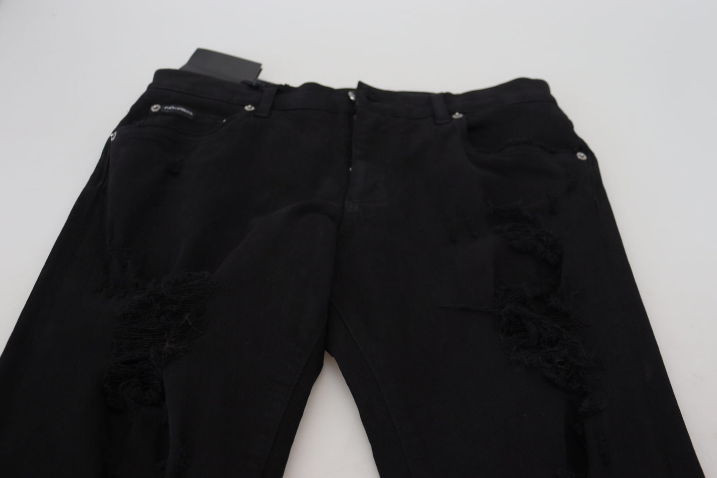 Dolce & Gabbana Black Slim Fit Tattered Denim Cotton Jeans by Dolce & Gabbana