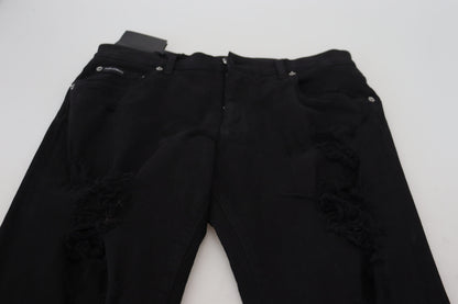 Dolce & Gabbana Black Slim Fit Tattered Denim Cotton Jeans by Dolce & Gabbana